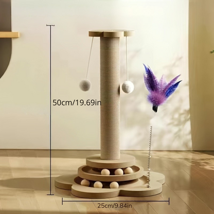 Griffoir en Bois Robuste pour Chat avec Tige en Sisal et Jouets Colorés