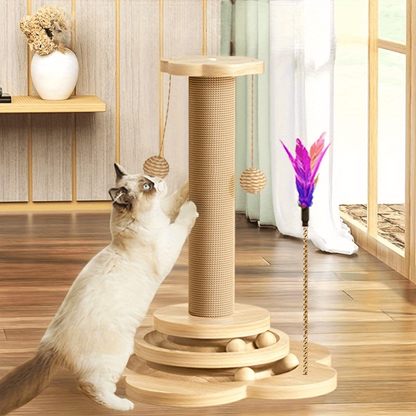 Griffoir en Bois Robuste pour Chat avec Tige en Sisal et Jouets Colorés