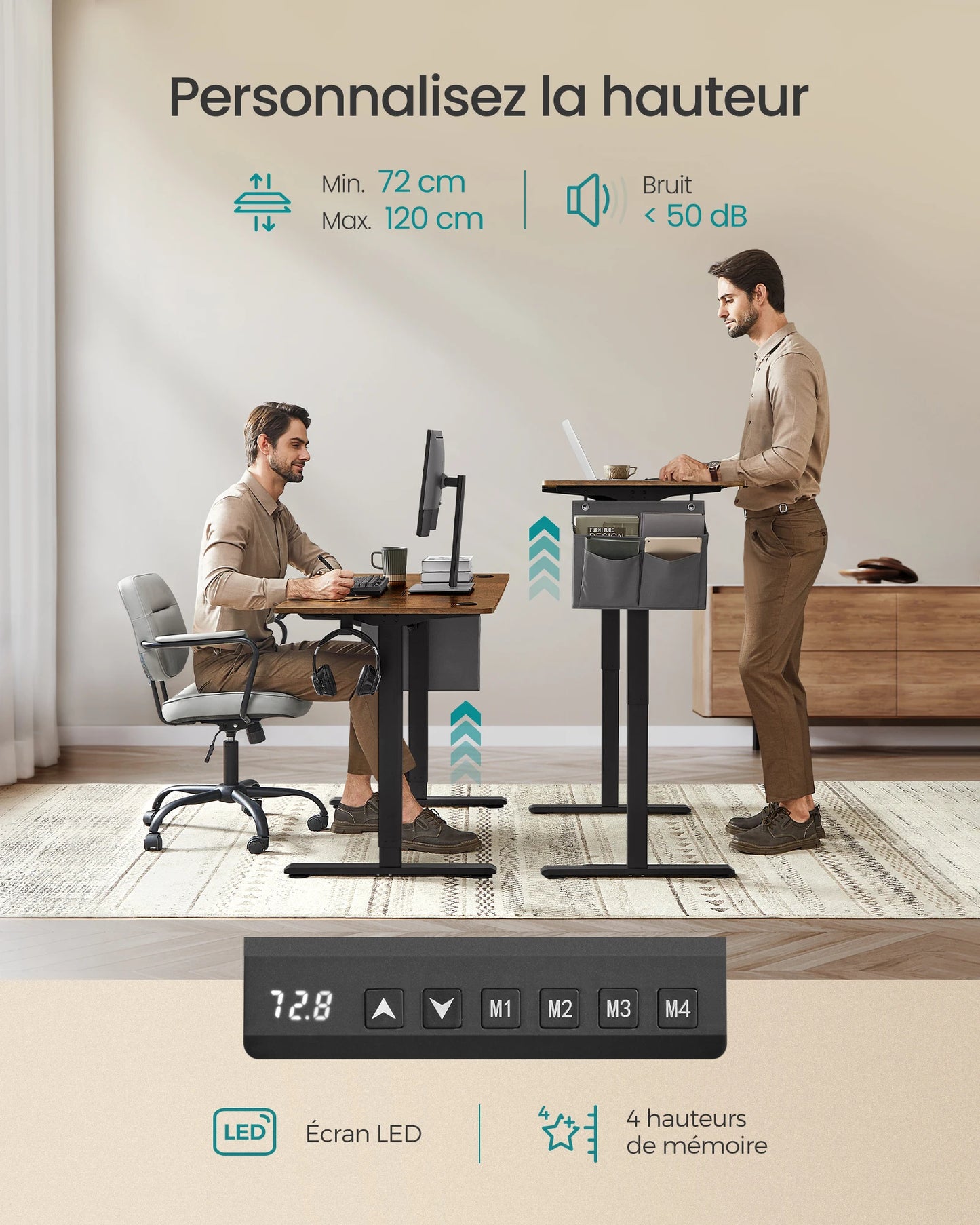 Bureau électrique assis-debout réglable en 4 hauteurs mémorisables