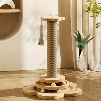 Griffoir en Bois Robuste pour Chat avec Tige en Sisal et Jouets Colorés