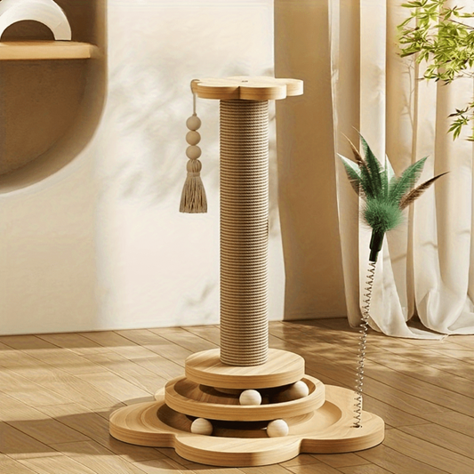 Griffoir en Bois Robuste pour Chat avec Tige en Sisal et Jouets Colorés