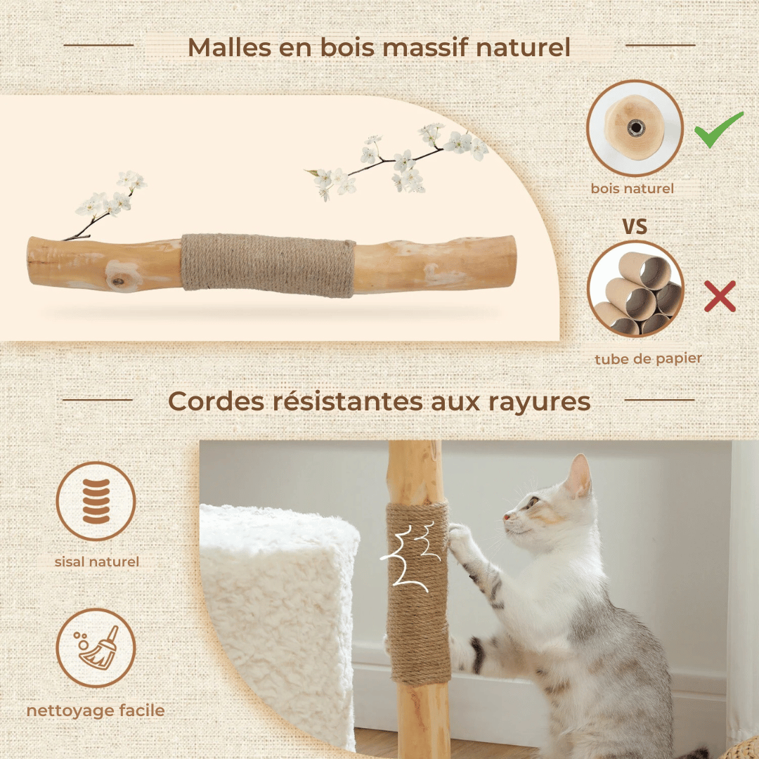 Arbre à Chat en Bois avec Panier Tissé et Hamac