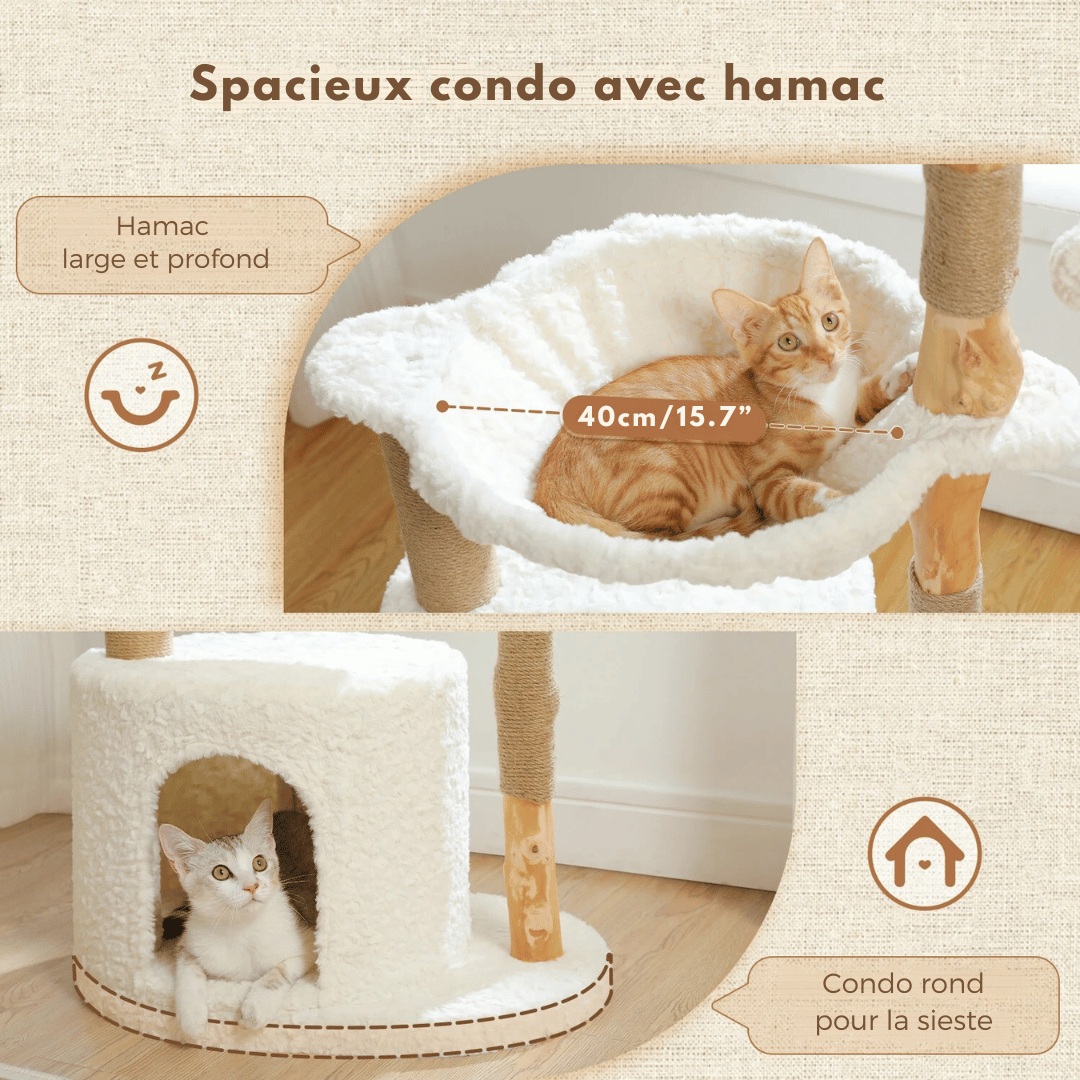 Arbre à Chat en Bois avec Panier Tissé et Hamac