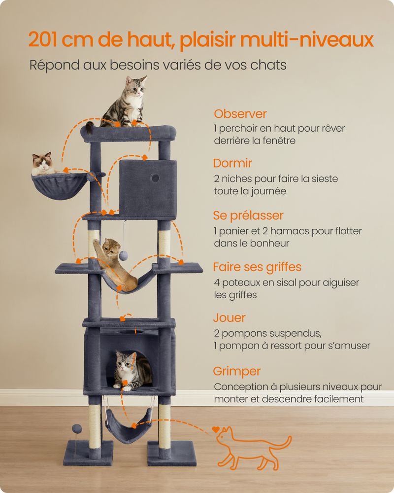 Arbre à chat 201 cm taille XXL dispositif anti-basculement