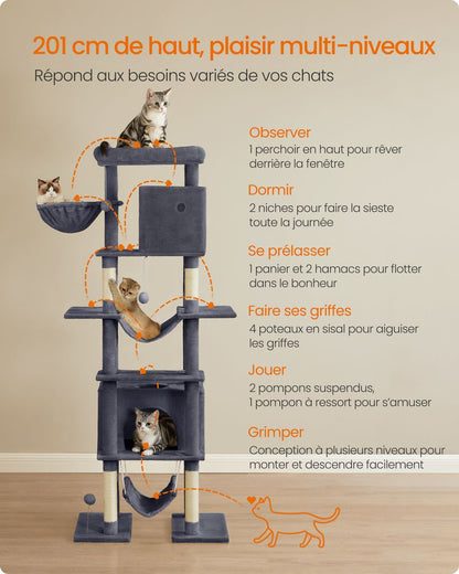 Arbre à chat 201 cm taille XXL dispositif anti-basculement