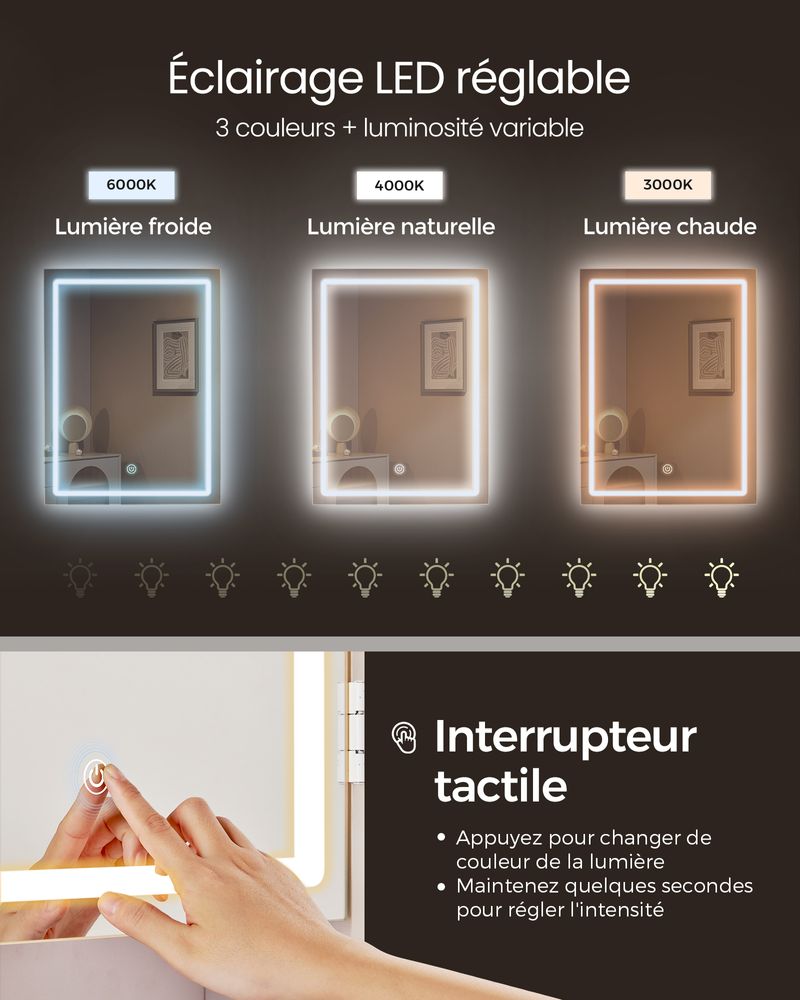 Coiffeuse avec grand miroir LED à luminosité réglable