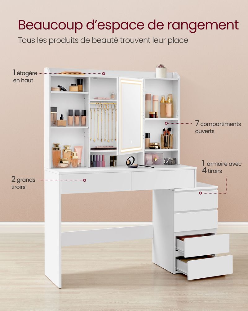 Coiffeuse avec grand miroir LED à luminosité réglable