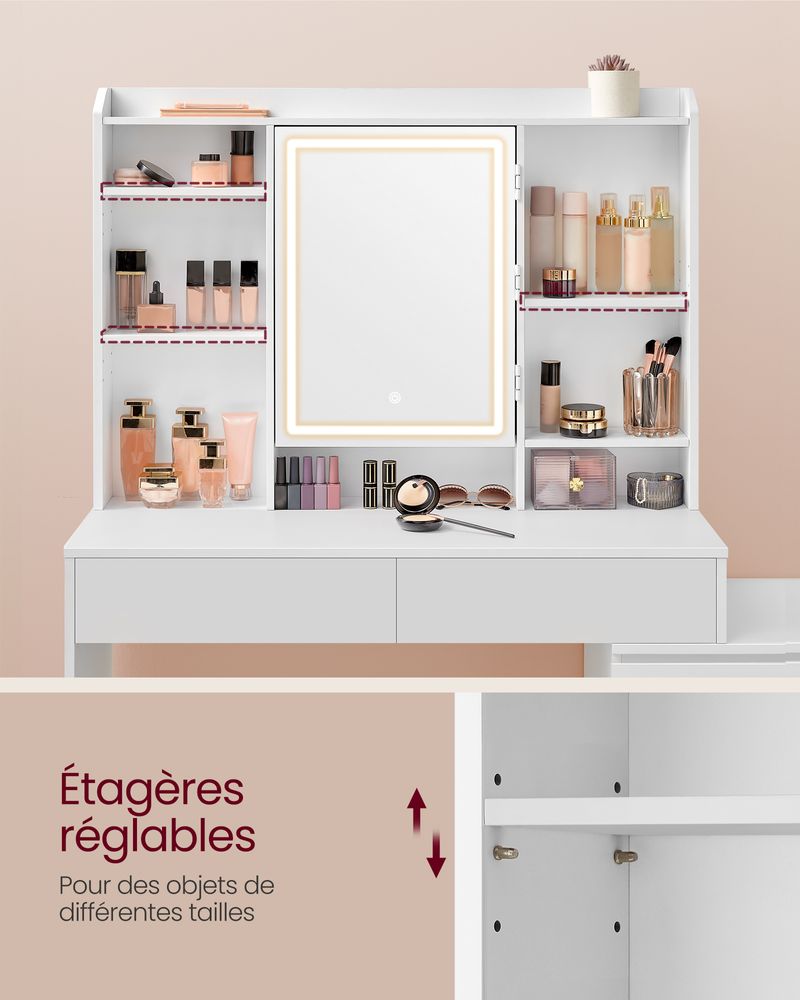 Coiffeuse avec grand miroir LED à luminosité réglable