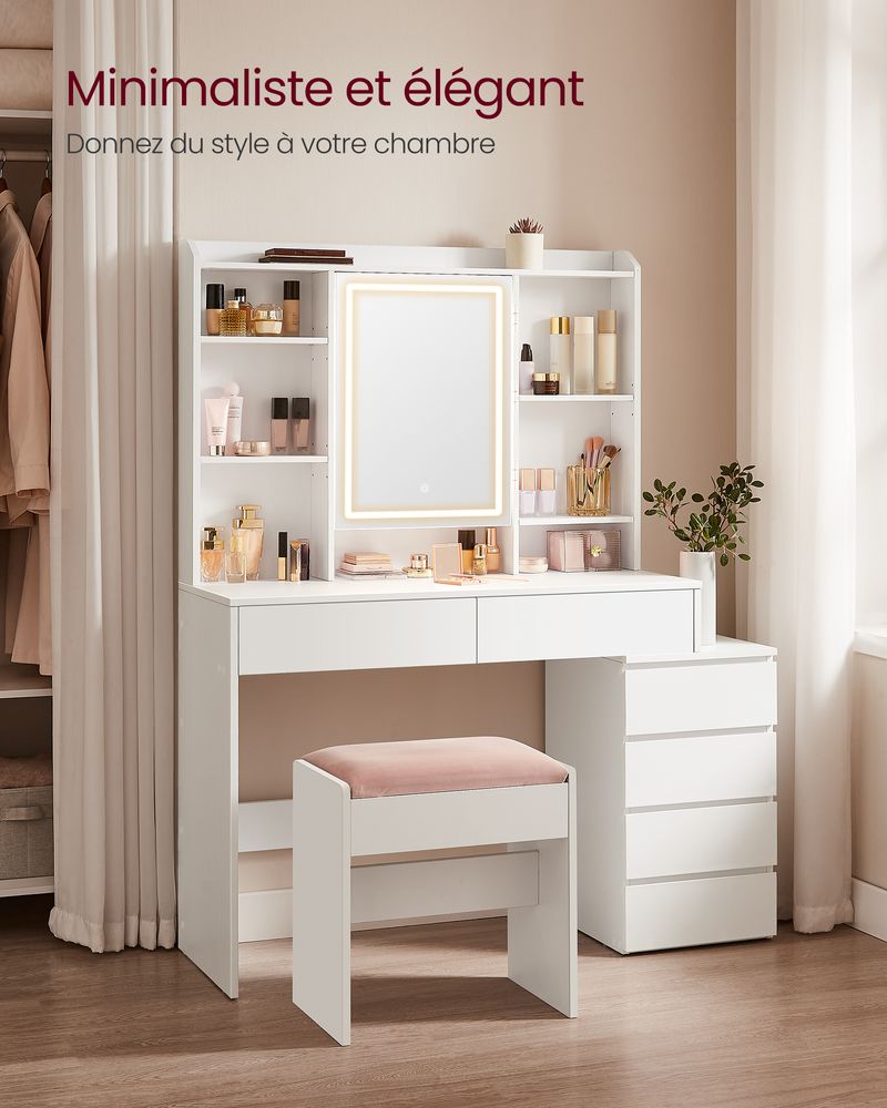 Coiffeuse avec grand miroir LED à luminosité réglable