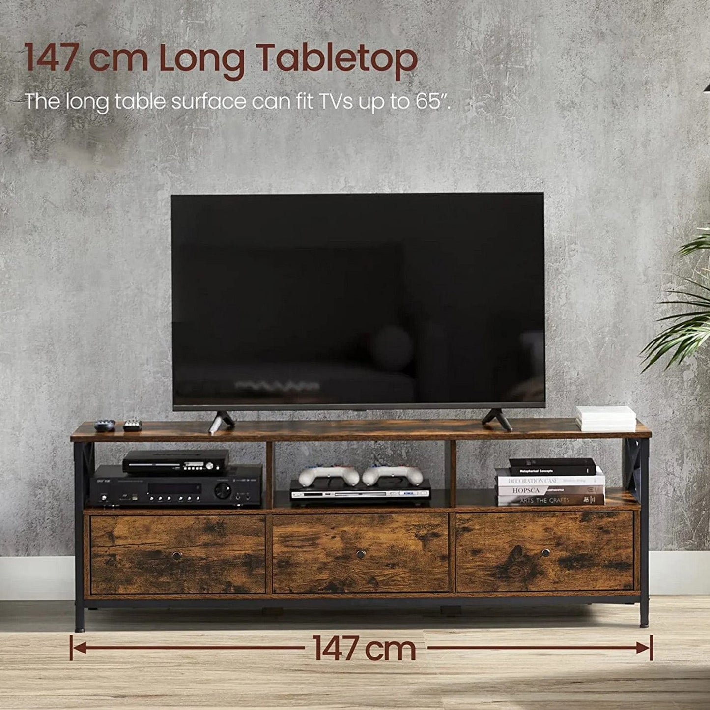Meuble TV pour Télévision jusqu'à 65 Pouces, Banc Télé avec 3 Tiroirs, 40 x 147 x 50 cm, Style Industriel, Cadre en Acier