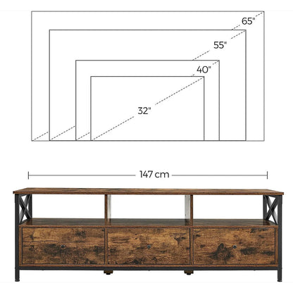 Meuble TV pour Télévision jusqu'à 65 Pouces, Banc Télé avec 3 Tiroirs, 40 x 147 x 50 cm, Style Industriel, Cadre en Acier