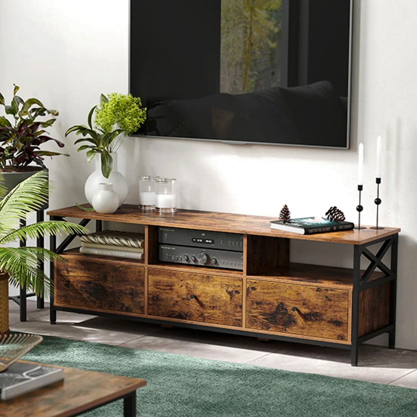 Meuble TV pour Télévision jusqu'à 65 Pouces, Banc Télé avec 3 Tiroirs, 40 x 147 x 50 cm, Style Industriel, Cadre en Acier