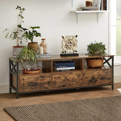 Meuble TV pour Télévision jusqu'à 65 Pouces, Banc Télé avec 3 Tiroirs, 40 x 147 x 50 cm, Style Industriel, Cadre en Acier