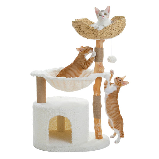 Arbre à Chat en Bois avec Panier Tissé et Hamac